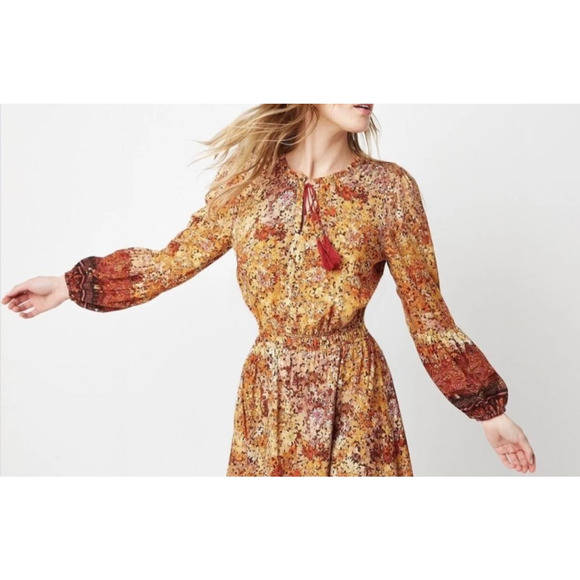 Frye & Co Fall Brown Orange Midi Long Sleeve Dress XL Western Boho Smock Ruffle - Picture 3 of 12